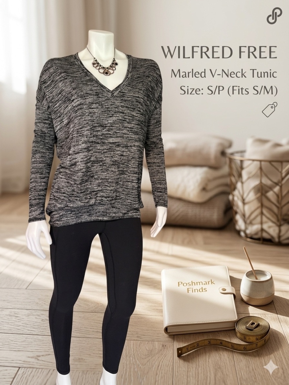 Wilfred Free Marled V-Neck Tunic Sweater Grey Black Size S/P